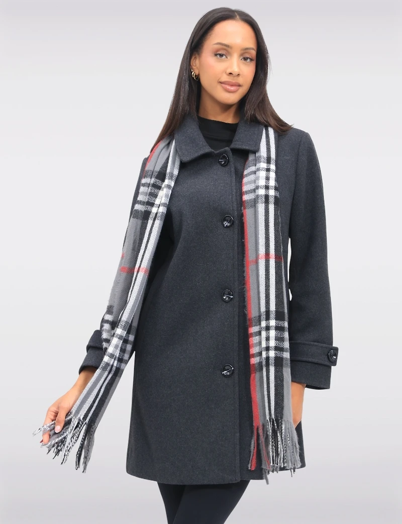 Sara A-line Single Breasted Shirt Collar Coat With Plaid Scarf Included by Saki