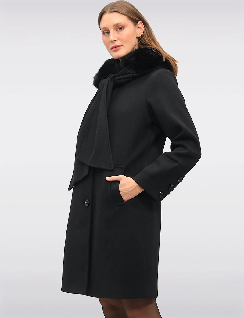 Luxurious Integrated Faux Fur Trim Hooded Scarf Coat by Saki