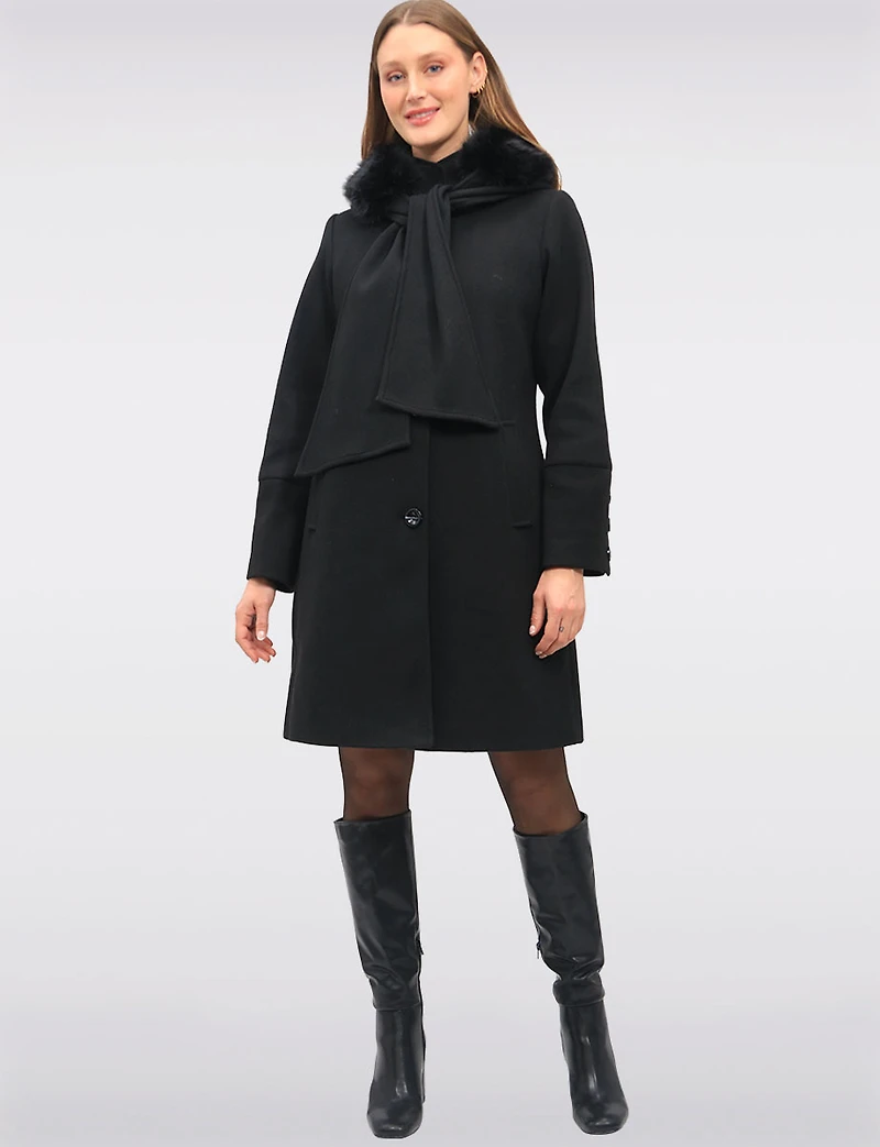 Luxurious Integrated Faux Fur Trim Hooded Scarf Coat by Saki