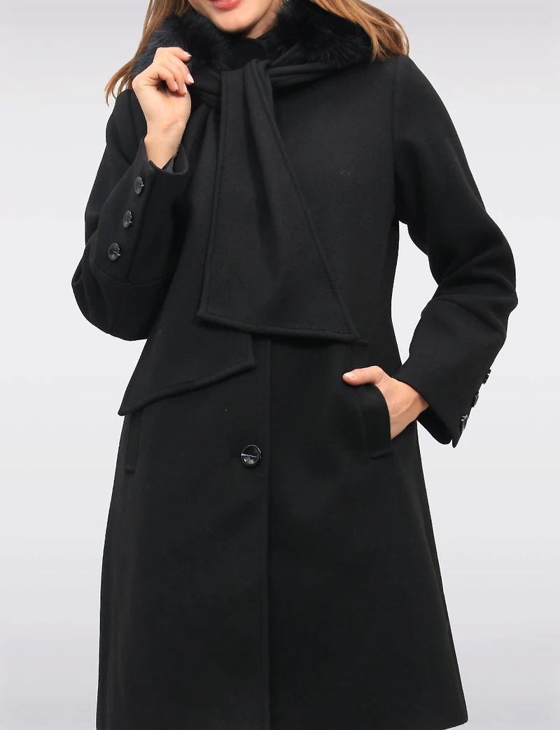 Luxurious Integrated Faux Fur Trim Hooded Scarf Coat by Saki