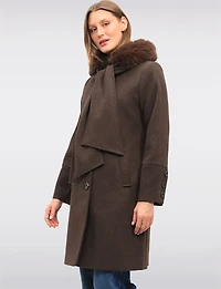 Luxurious Integrated Faux Fur Trim Hooded Scarf Coat by Saki
