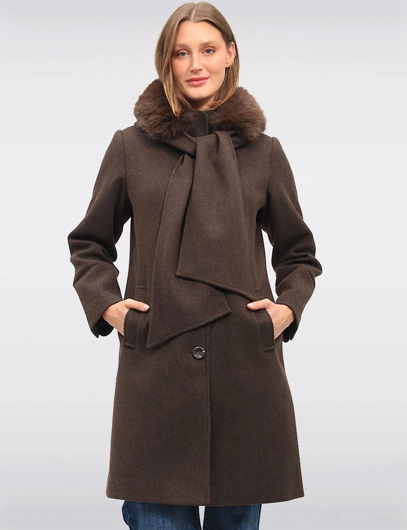 Luxurious Integrated Faux Fur Trim Hooded Scarf Coat by Saki
