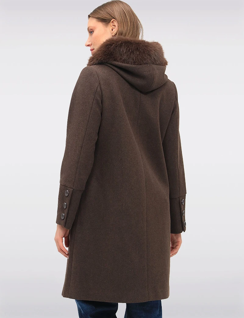 Luxurious Integrated Faux Fur Trim Hooded Scarf Coat by Saki