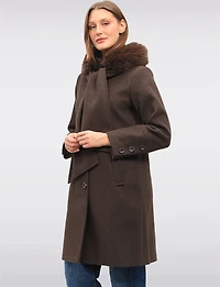 Luxurious Integrated Faux Fur Trim Hooded Scarf Coat by Saki