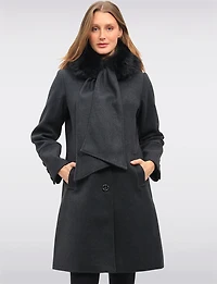 Luxurious Integrated Faux Fur Trim Hooded Scarf Coat by Saki