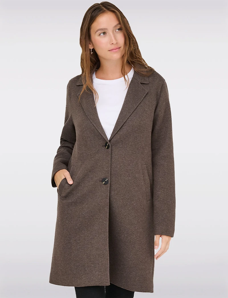 Single-Breasted Notch Collar Cotton Blend Knit Coat with Welt Pockets by Only