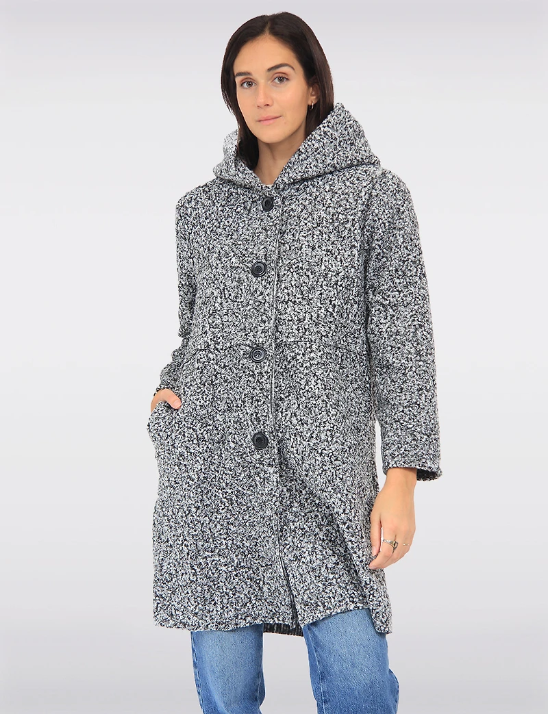 Button-up Long Relaxed Fit Hooded Bouclé Cardigan with Pockets by Froccella