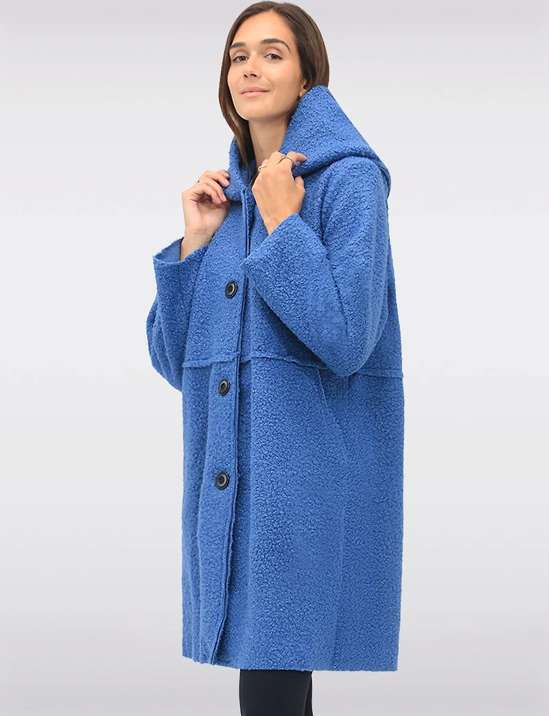 Button-up Long Relaxed Fit Hooded Bouclé Cardigan with Pockets by Froccella