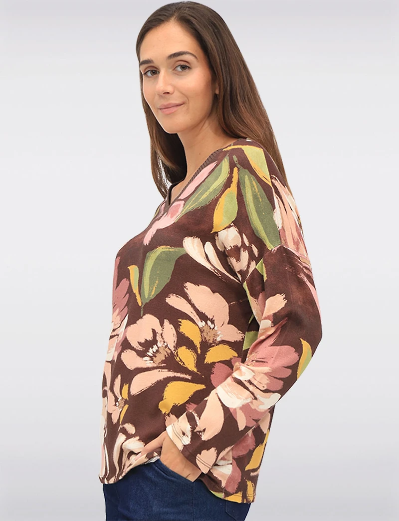 Soft & Stretchy V-Neck Long Sleeve Knit Top with Floral Print by Froccella