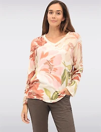 Soft & Stretchy V-Neck Long Sleeve Knit Top with Floral Print by Froccella