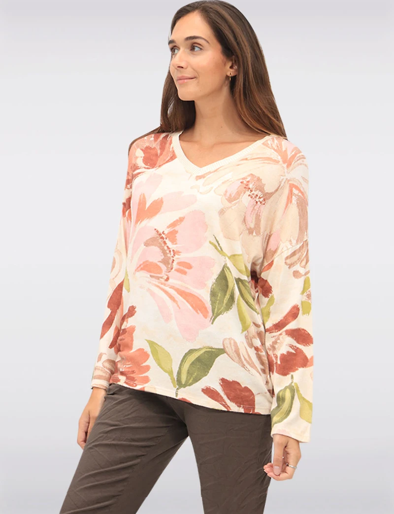 Soft & Stretchy V-Neck Long Sleeve Knit Top with Floral Print by Froccella
