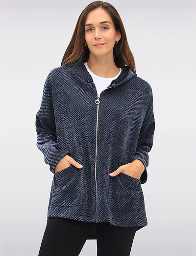 Versatile Zip-Front Soft Chenille Hoodie with Patch Pockets by Froccella