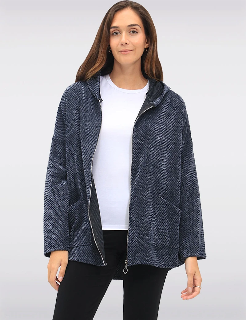 Versatile Zip-Front Soft Chenille Hoodie with Patch Pockets by Froccella