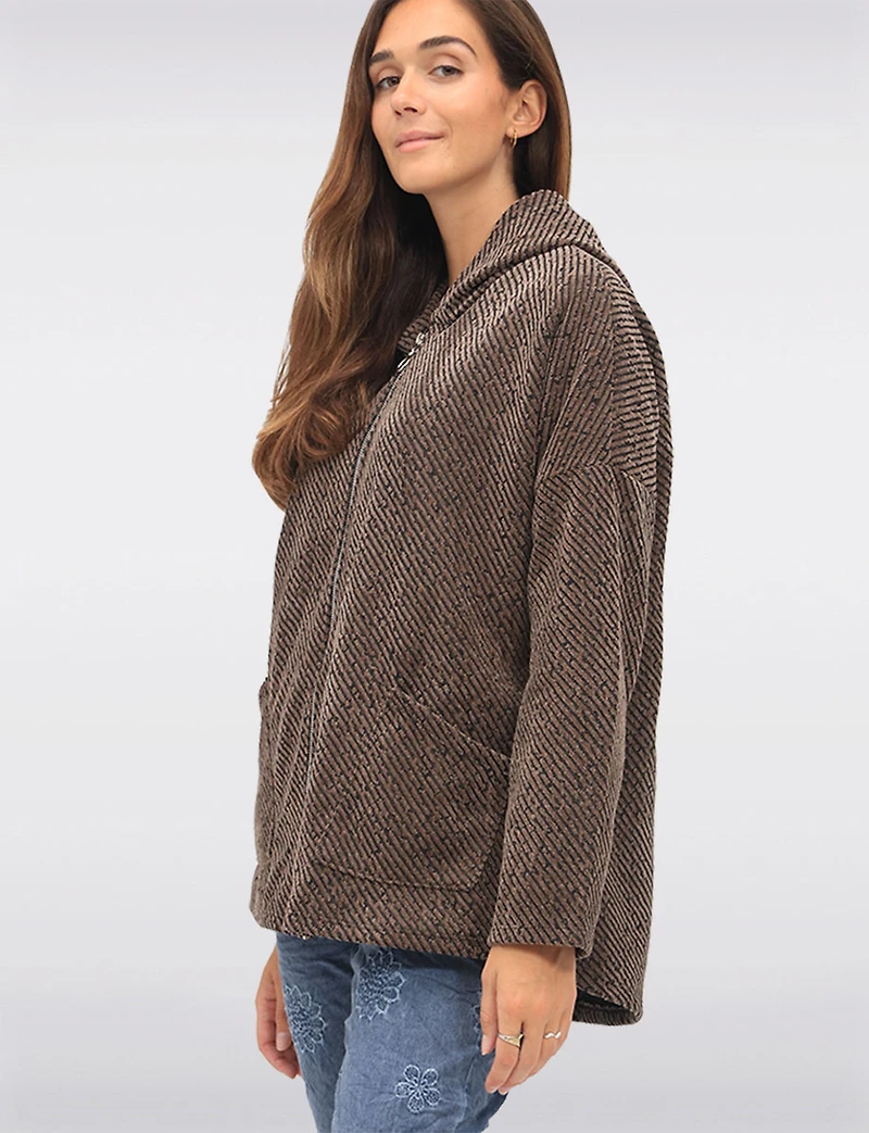 Versatile Zip-Front Soft Chenille Hoodie with Patch Pockets by Froccella