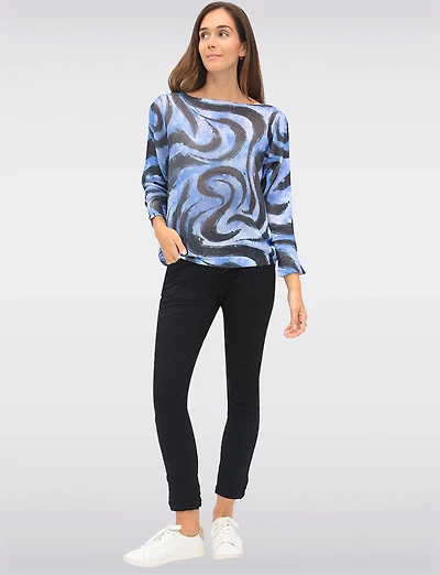 Chic Long Dolman Sleeves Boatneck Swirl Design Print Knit Top by Froccella