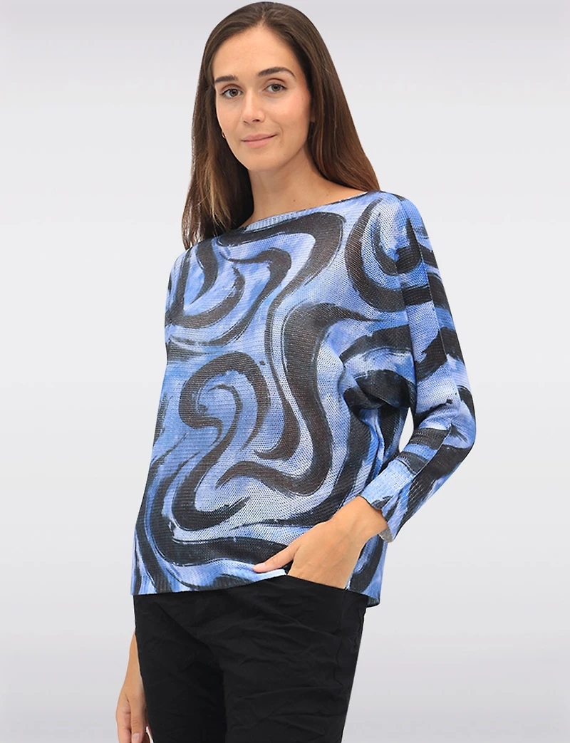 Chic Long Dolman Sleeves Boatneck Swirl Design Print Knit Top by Froccella