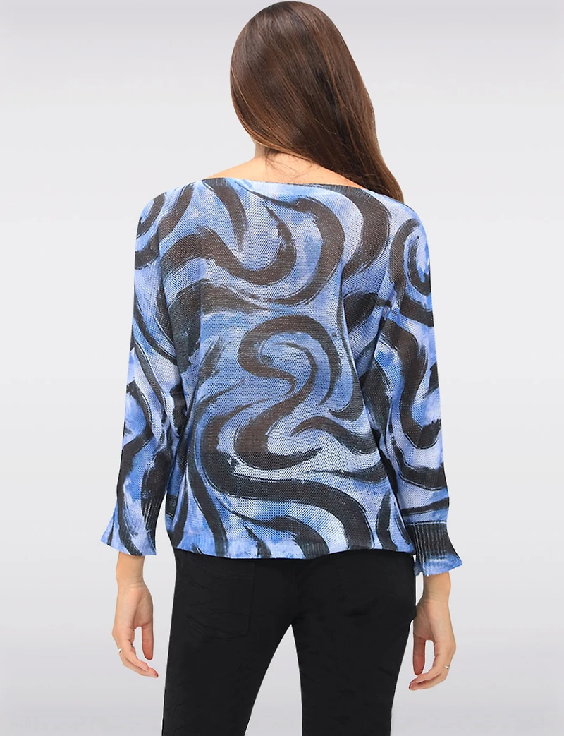 Chic Long Dolman Sleeves Boatneck Swirl Design Print Knit Top by Froccella