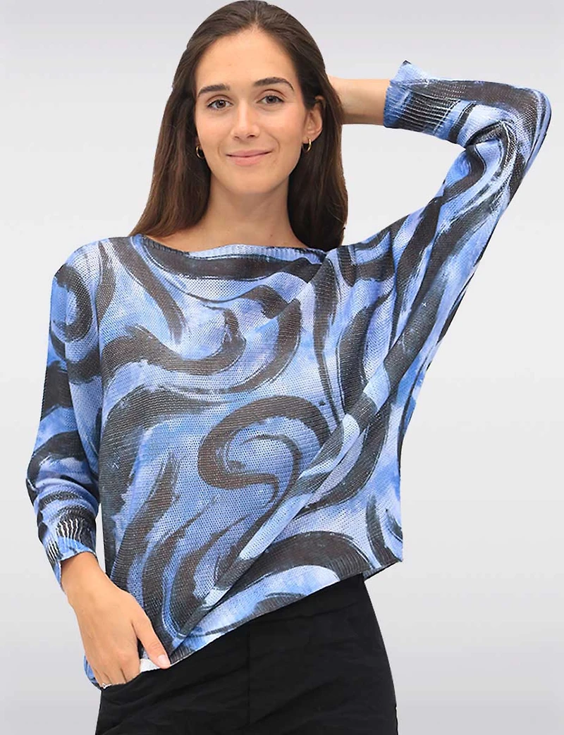 Chic Long Dolman Sleeves Boatneck Swirl Design Print Knit Top by Froccella