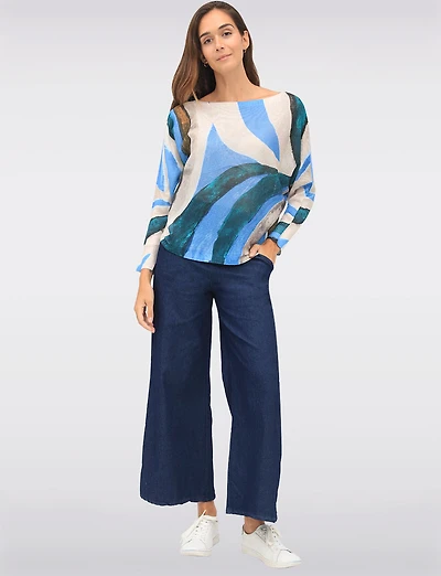 Chic Long Dolman Sleeves Boatneck Abstract Printed Knit Top by Froccella