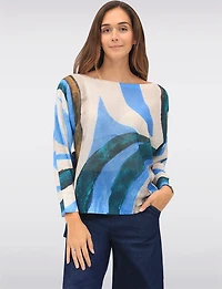 Chic Long Dolman Sleeves Boatneck Abstract Printed Knit Top by Froccella