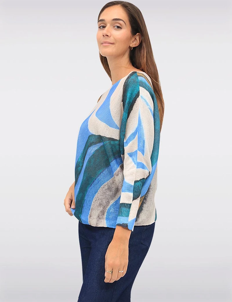 Chic Long Dolman Sleeves Boatneck Abstract Printed Knit Top by Froccella