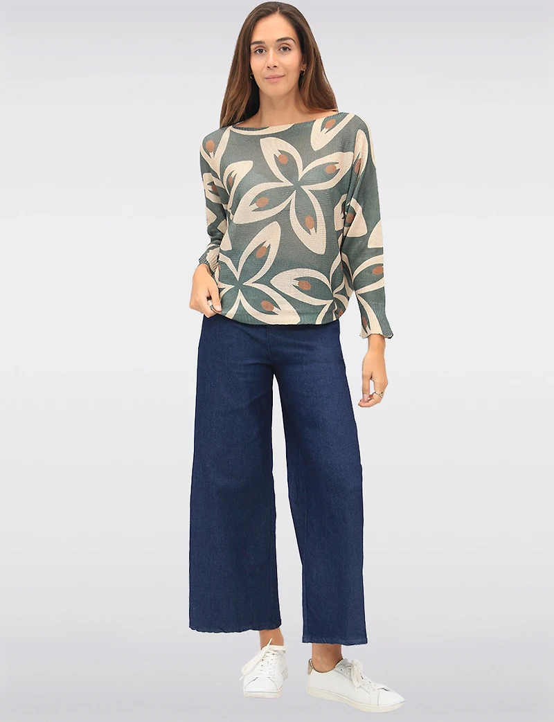 Chic Long Dolman Sleeves Boatneck Large Floral Printed Knit Top by Froccella