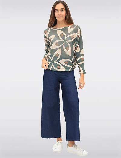 Chic Long Dolman Sleeves Boatneck Large Floral Printed Knit Top by Froccella