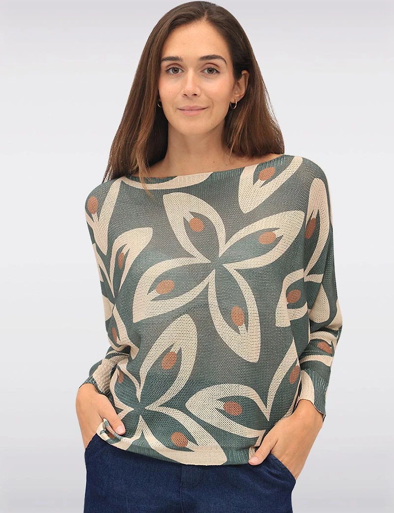 Chic Long Dolman Sleeves Boatneck Large Floral Printed Knit Top by Froccella