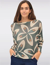 Chic Long Dolman Sleeves Boatneck Large Floral Printed Knit Top by Froccella