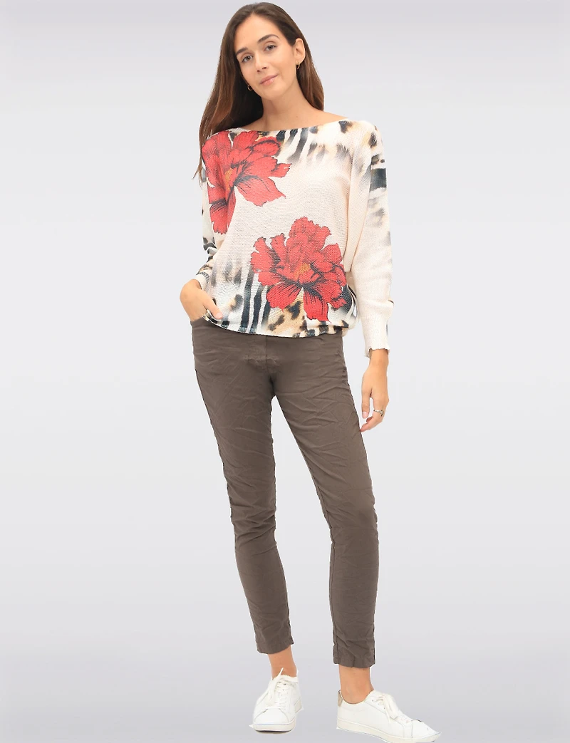 Chic Long Dolman Sleeves Boatneck Floral & Animal Printed Knit Top by Froccella