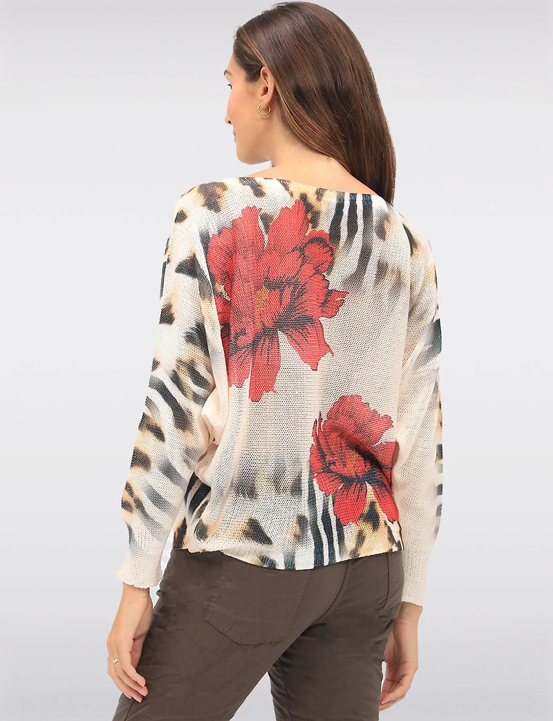 Chic Long Dolman Sleeves Boatneck Floral & Animal Printed Knit Top by Froccella