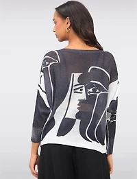 Chic Long Dolman Sleeves Boatneck Abstract Picasso Printed Knit Top by Froccella