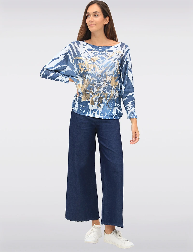 Chic Long Dolman Sleeves Boatneck Animal Foil Print Knit Top by Froccella