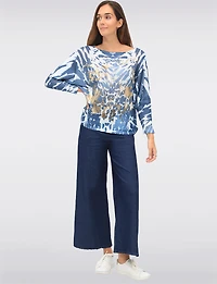 Chic Long Dolman Sleeves Boatneck Animal Foil Print Knit Top by Froccella