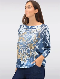 Chic Long Dolman Sleeves Boatneck Animal Foil Print Knit Top by Froccella
