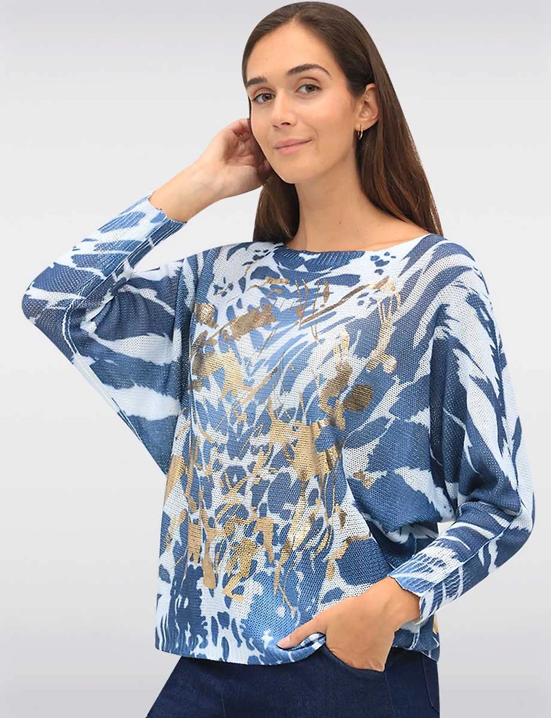 Chic Long Dolman Sleeves Boatneck Animal Foil Print Knit Top by Froccella