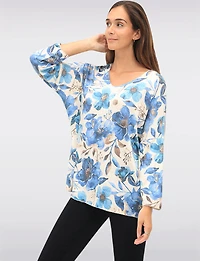 Soft Fine-Knit Printed Wool-Blend V-Neck Top with Dolman Sleeves by Froccella