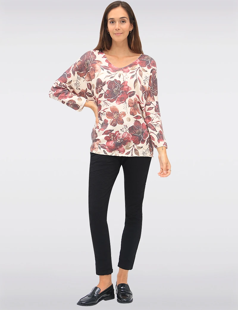 Soft Fine-Knit Printed Wool-Blend V-Neck Top with Dolman Sleeves by Froccella
