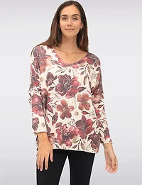 Soft Fine-Knit Printed Wool-Blend V-Neck Top with Dolman Sleeves by Froccella