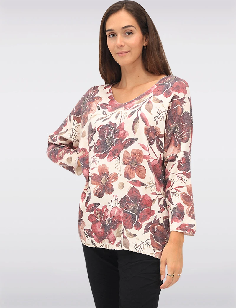 Soft Fine-Knit Printed Wool-Blend V-Neck Top with Dolman Sleeves by Froccella
