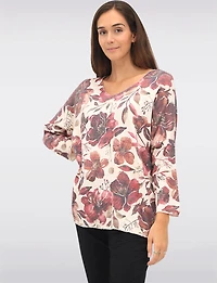 Soft Fine-Knit Printed Wool-Blend V-Neck Top with Dolman Sleeves by Froccella