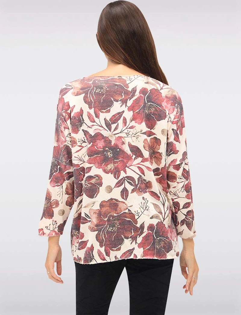 Soft Fine-Knit Printed Wool-Blend V-Neck Top with Dolman Sleeves by Froccella