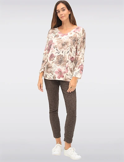 Soft Fine-Knit Printed Wool-Blend V-Neck Top with Dolman Sleeves by Froccella