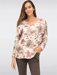Soft Fine-Knit Printed Wool-Blend V-Neck Top with Dolman Sleeves by Froccella