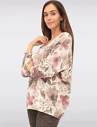 Soft Fine-Knit Printed Wool-Blend V-Neck Top with Dolman Sleeves by Froccella