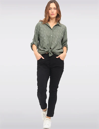 Lightweight Silver-Studded Tie-Front Shirt Crinkled Flowy Fabric by Froccella
