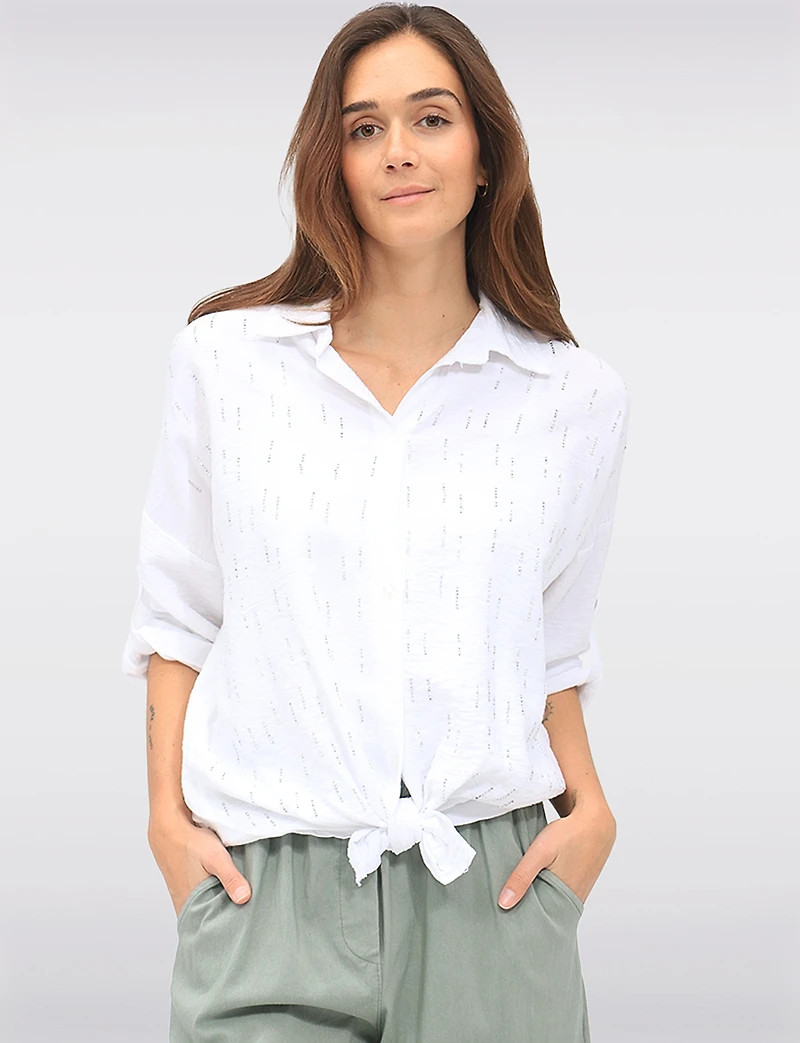 Lightweight Silver-Studded Tie-Front Shirt Crinkled Flowy Fabric by Froccella