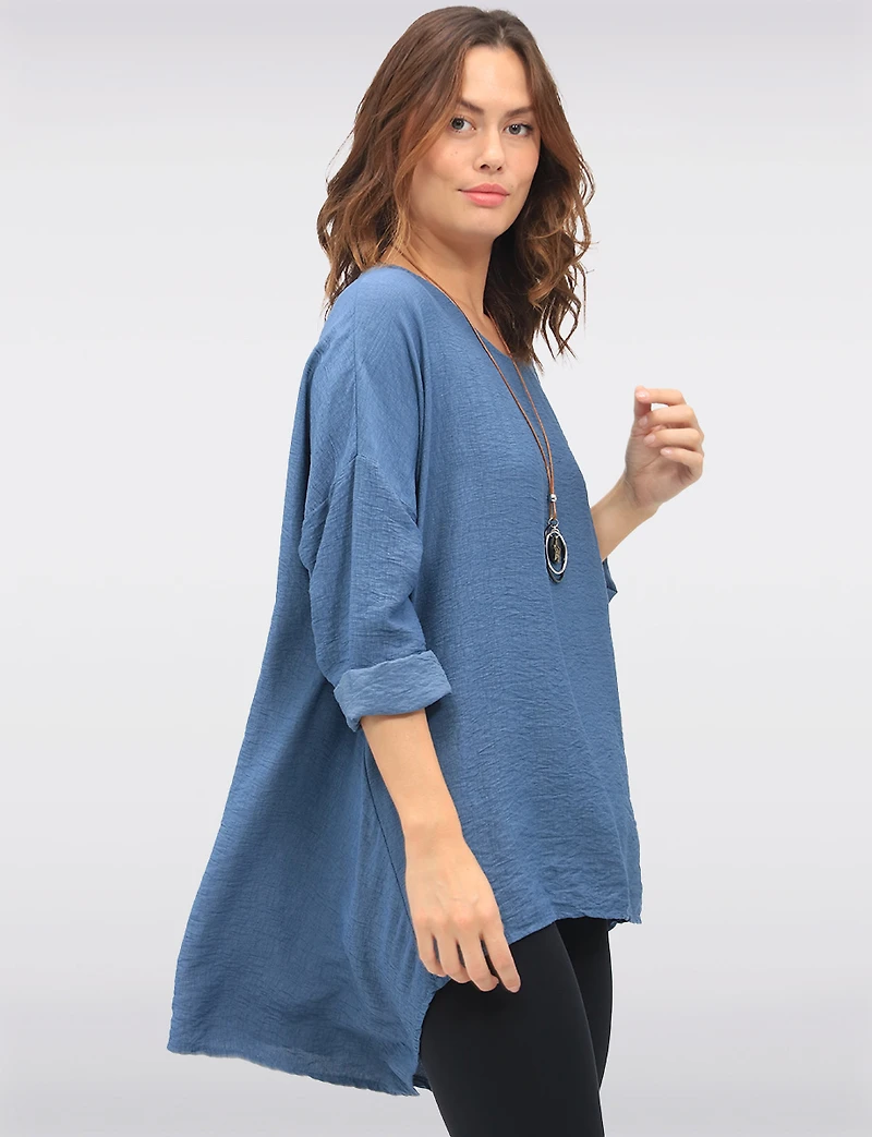 Chic High-Low Crinkle Tunic with Adjustable Long Sleeves & Necklace by Froccella
