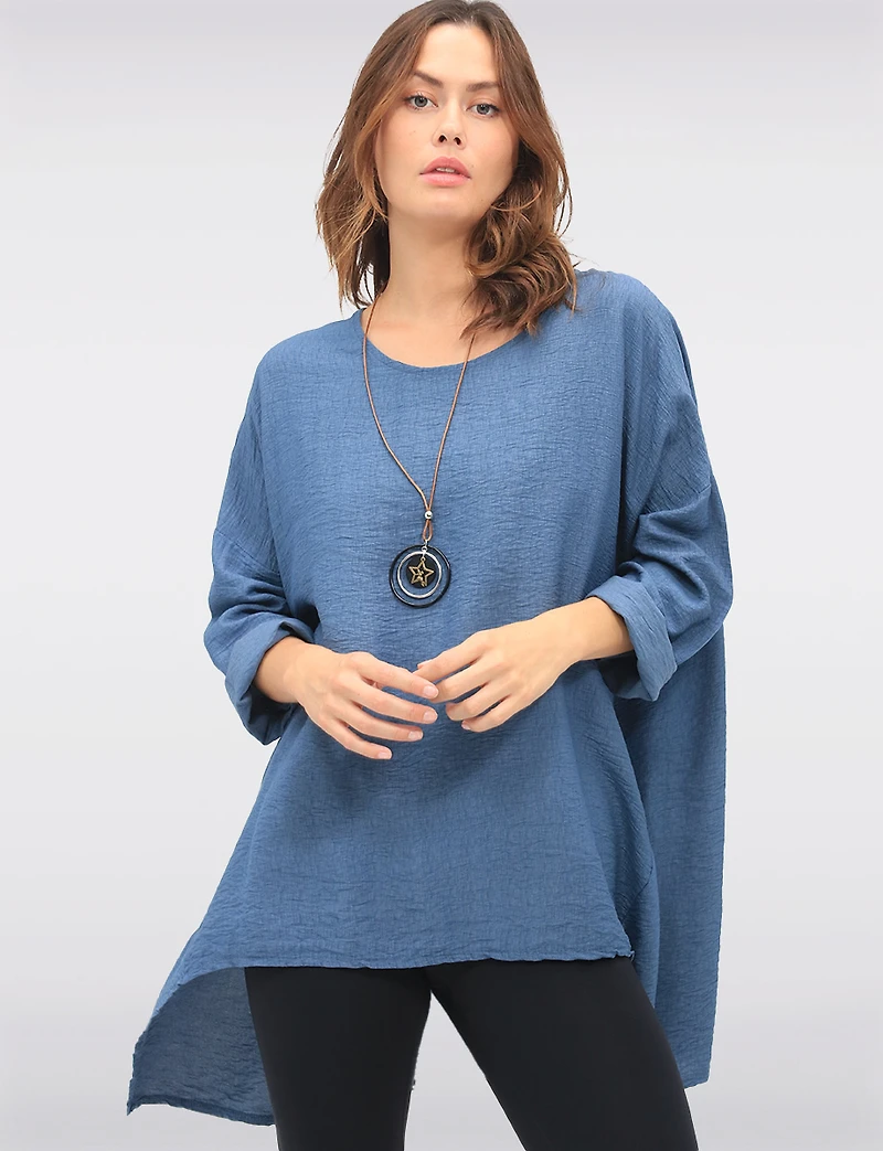 Chic High-Low Crinkle Tunic with Adjustable Long Sleeves & Necklace by Froccella
