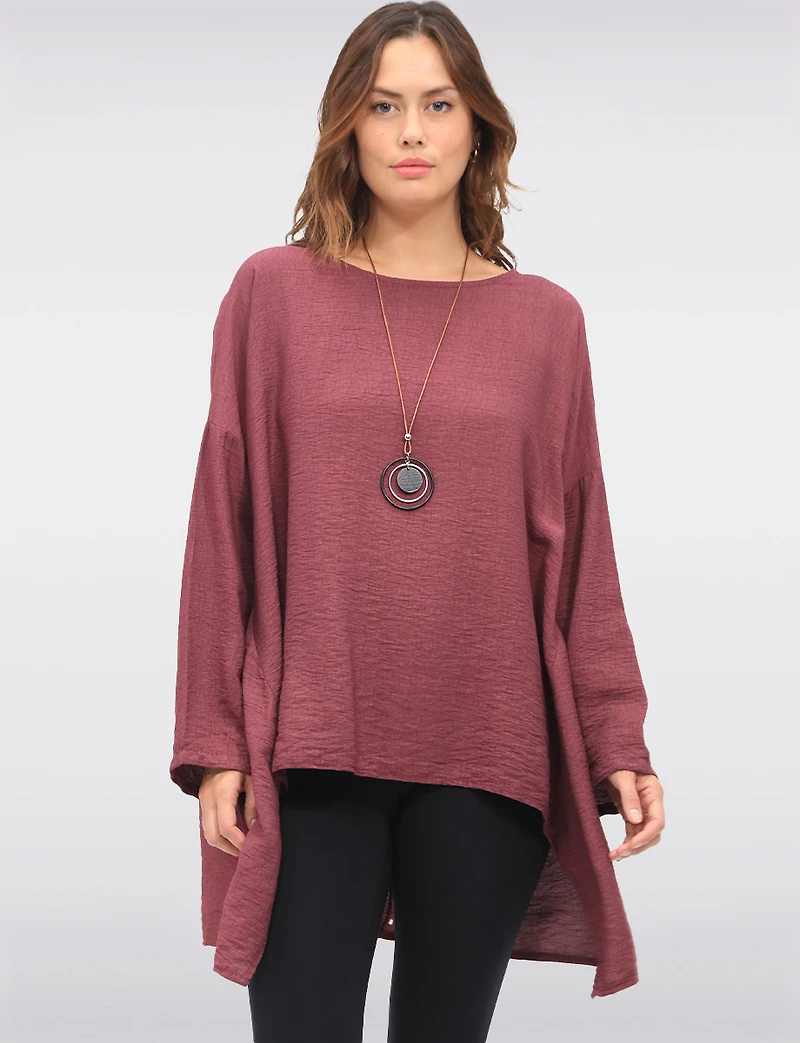 Chic High-Low Crinkle Tunic with Adjustable Long Sleeves & Necklace by Froccella
